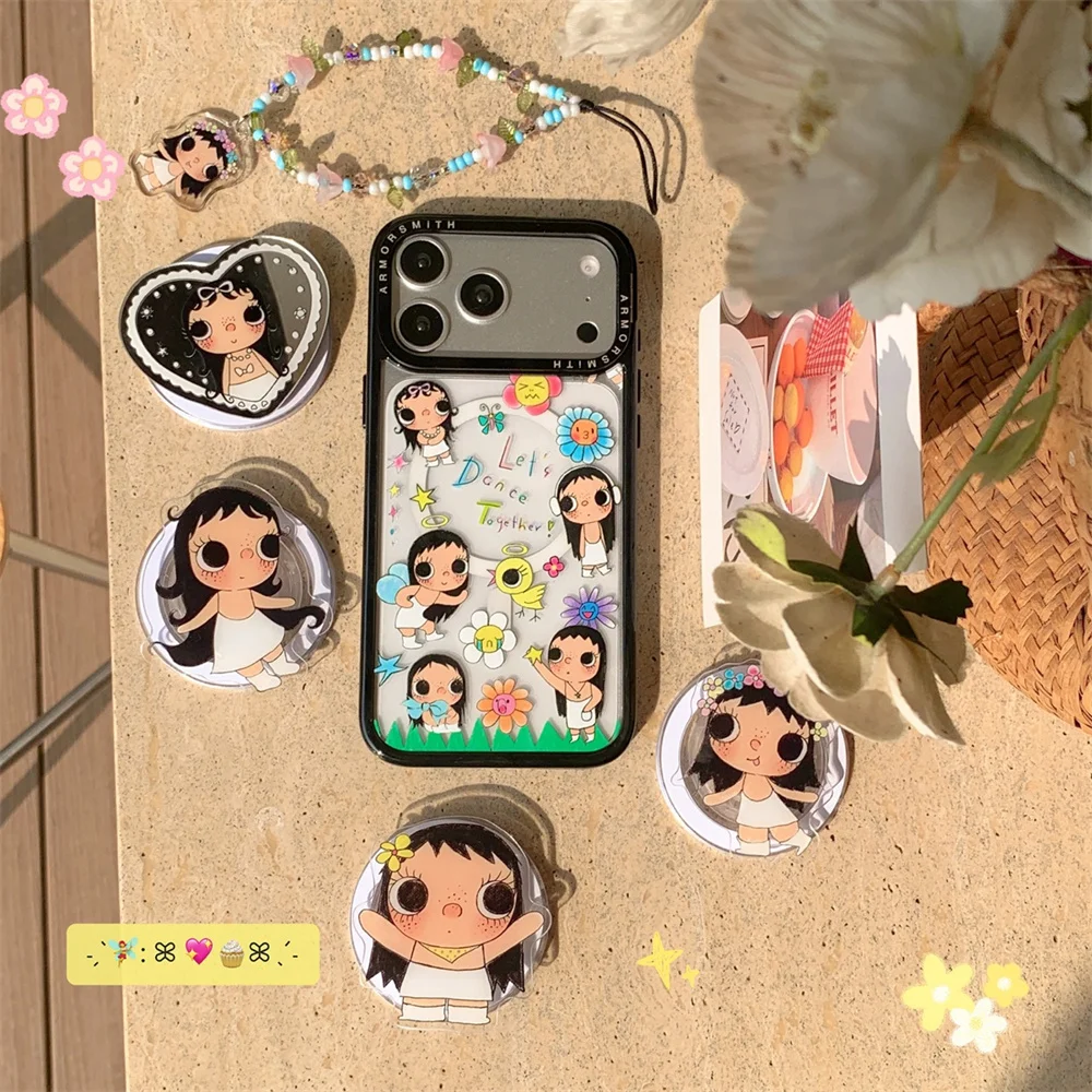 

Cute Flowers Girl Cartoon Magnetic Phone Case for iPhone 17 Pro 15 14 plus 13 12 11 16 Pro Max Cover With Magsafe Stand Chain