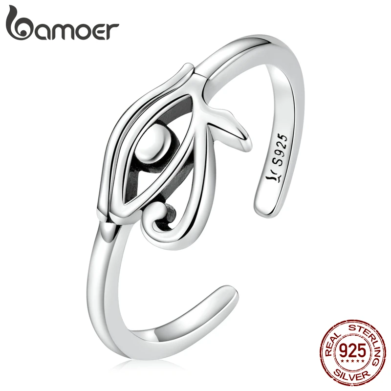 BAMOER 925 Sterling Silver Eye of Horus Egypt Open Ring for Protection Women Personality Cool Band Fashion Jewelry Gift SCR801