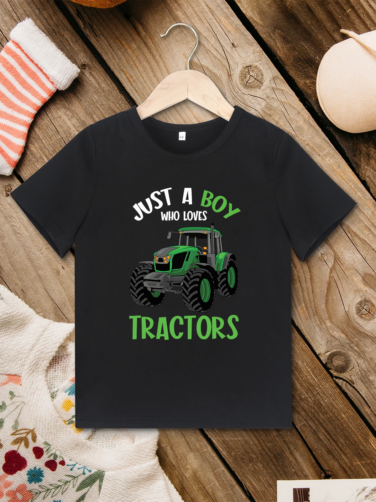 

American Style Kids T-shirt Just a Boy Who Loves Tractors Pattern Toddler Tee Shirt Casual Breathable Crew Neck Tops Summer