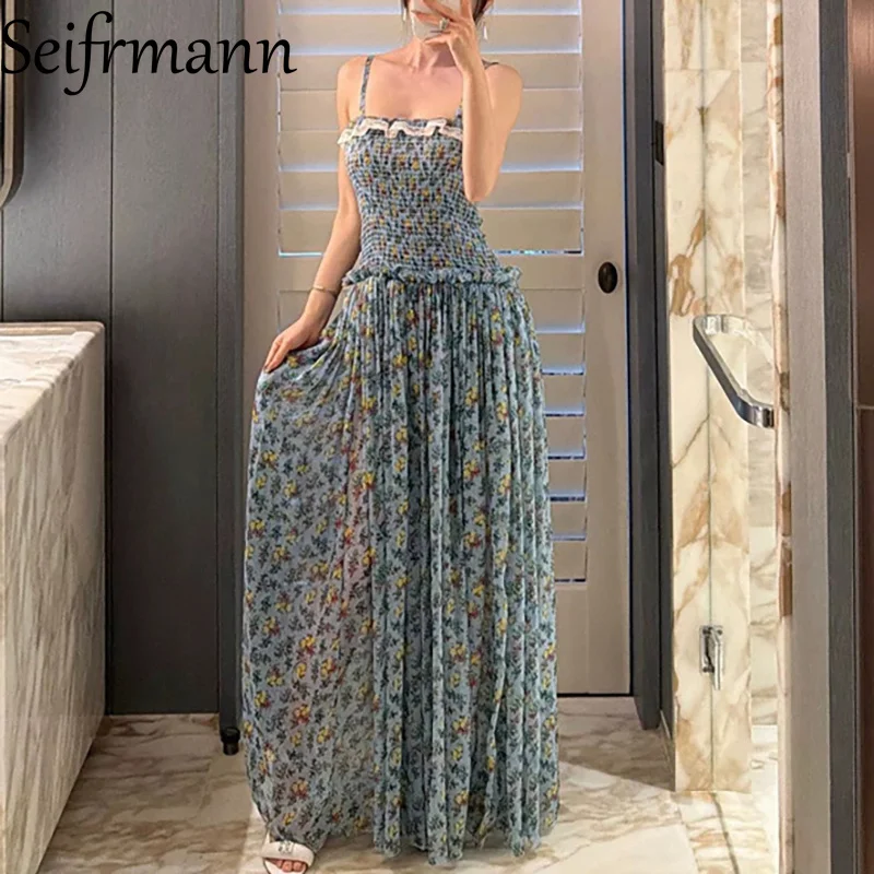 

Seifrmann 2026 Summer Women's New Fashionable Suspenders Silk Printed Lace Edge Waist cinching Long Dress