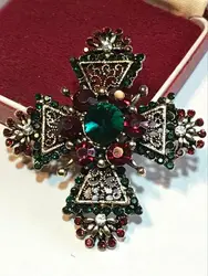 Vintage Style Red & Green Crystal Maltese Cross Brooch / Pendant Shawl Pin