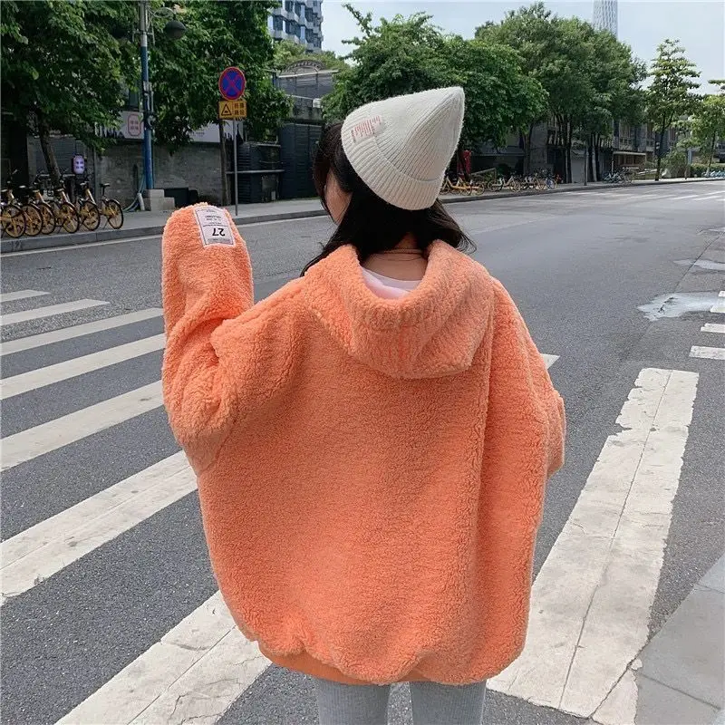 Autumn Winter Hot Pink Lamb Sweatshirts Women Hoodie Streetwear Long Sleeve Thick Warm Pullovers Woman Fluffy Oversized Tops