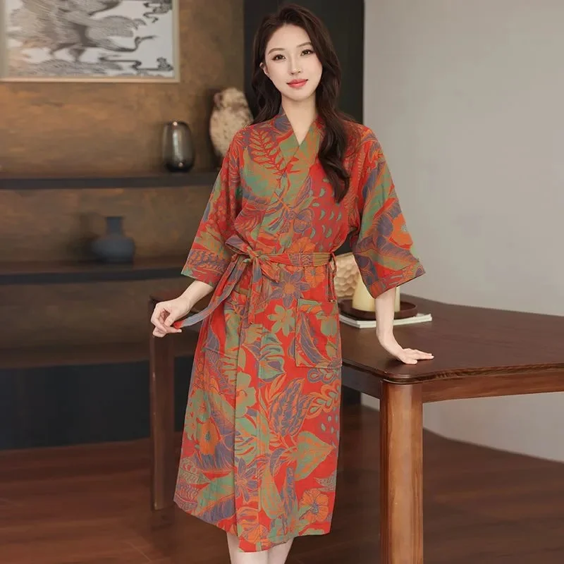 New A-class Pure Cotton Double-Layer Gauze Bathrobe Summer Nightgown Thin Sleepwear Absorbent Yukata Women's Loose Home Clothes