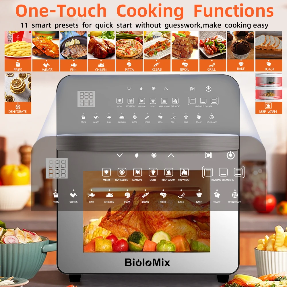 BioloMix 15L 1700W Dual Heating Air Fryer Oven Toaster Rotisserie and Dehydrator 11-in-1 Countertop Stainless Steel Oven 2022