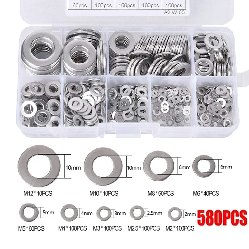 

580pcs 304 Stainless Steel Flat Washer Assortment Kits Flat Grommets Rings Gasket Screw Washers M2 M2.5 M3 M4 M5 M6 M8 M10 M12