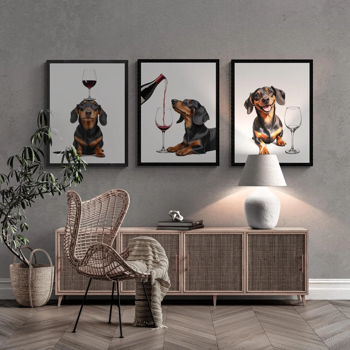 Playful Dachshund Wine Night Set - Humorous Print Collection Celebrating Canine Fun. The Clean White Backdrop and Expressive Dog
