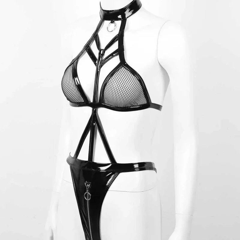 Porn PU Leather Erotic Open Crotch Bodysuit Women Sexy Lingerie Zipper Crotchless Bandage Breast Latex Bodystocking