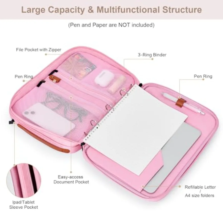 Профессиональный органайзер-портфель с застежкой-молнией для женщин и мужчин — сумка премиум-класса с 3 кольцами и сумкой для хранения iPad H