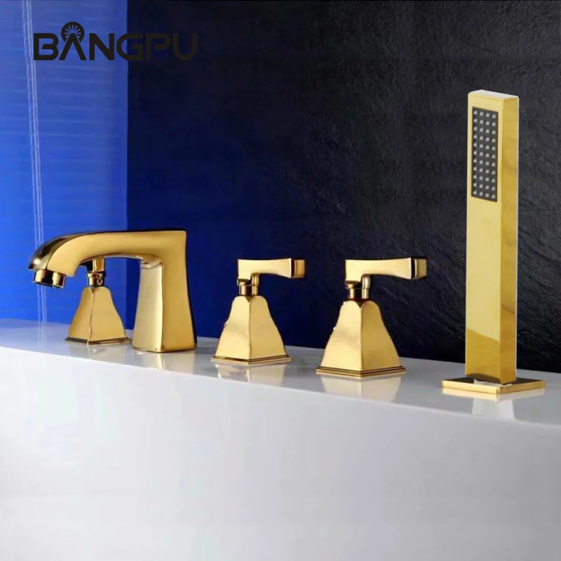 

Bath Tub Faucet with Hand Shower Deck Mounted 5 Hole Bathroom Tub Faucet Set Roman Bathtub Faucet Set with Sprayer Brushed Gold