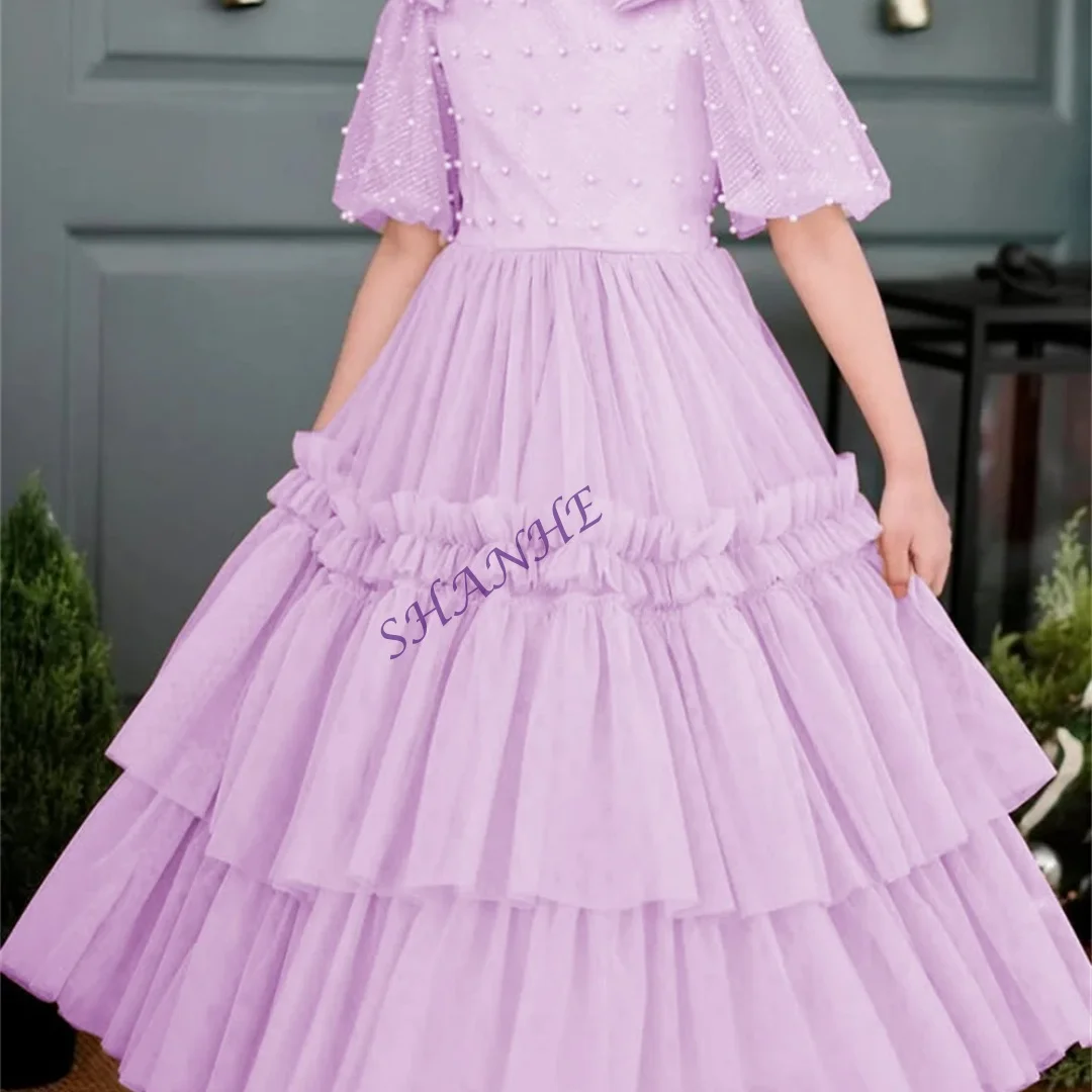 تخصيص الديكور س الرقبة نصف كم أنيقة فاخرة زهرة فتاة فستان الكاحل طول الكرة الطويلة الكلاسيكية ثوب التواصل الأول مخصص #6