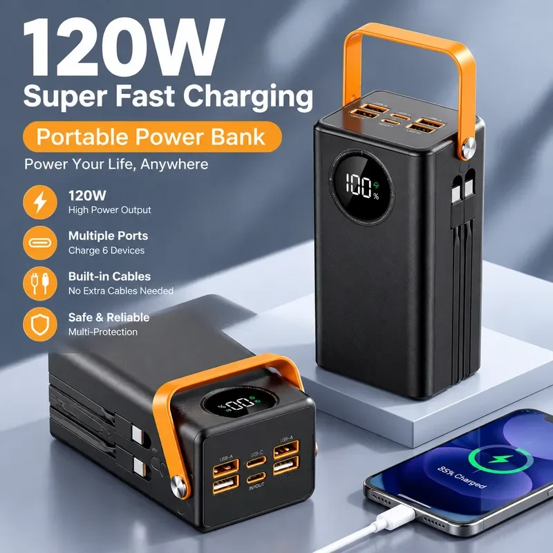 Hot Selling 50000mAh Power Bank 120W Fast Charging with Built in Cable Portable Mobile Phone External Battery Charger