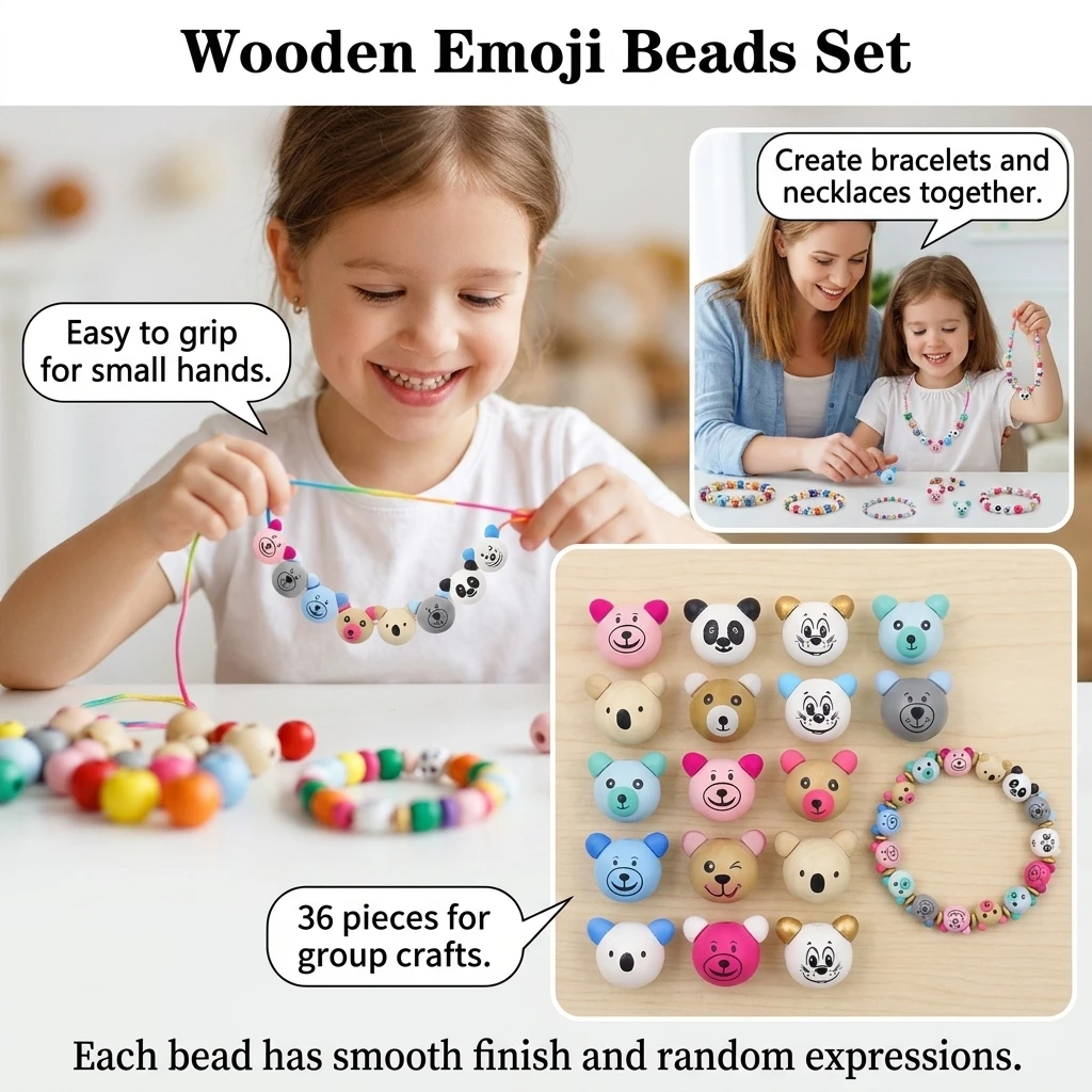 36Pcs Cartoon Bear Head Beads Smooth for DIY Jewelry Making Wooden cute Beads for Kids Bracelet Necklace Craft Supplies