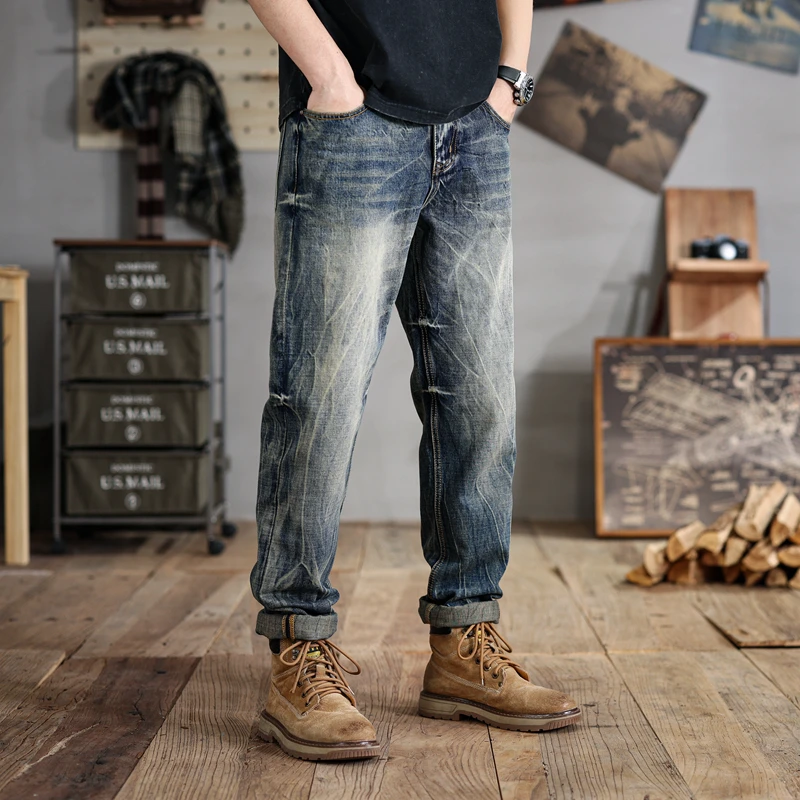 28-48Size Fat Jeans Men's Loose Straight Washed All-Match Fashion Street Retro Distressed plus-Sized Men's Pants