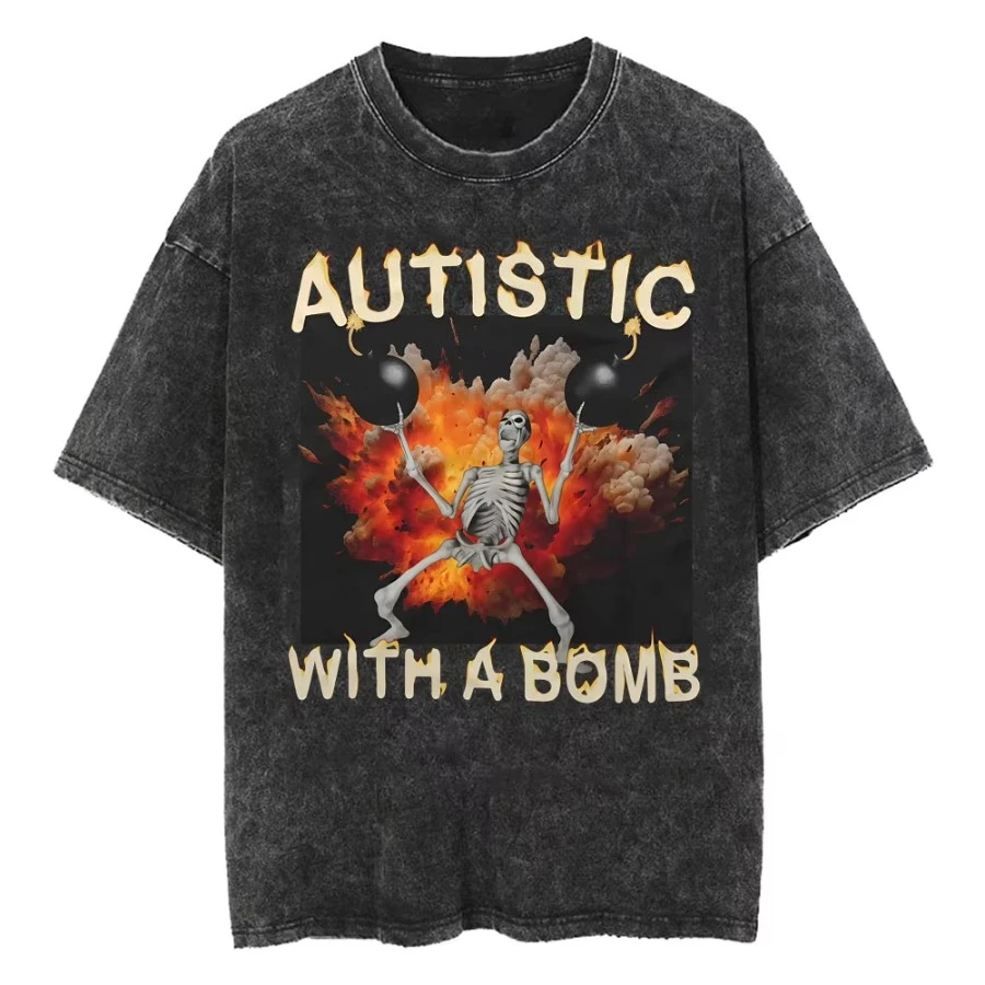 Autism Skeleton Meme T Shirt Human Funny Skull Men Women Harajuku Gothic Vintage Washed T Shirts Oversized Casual Cotton T-shirt