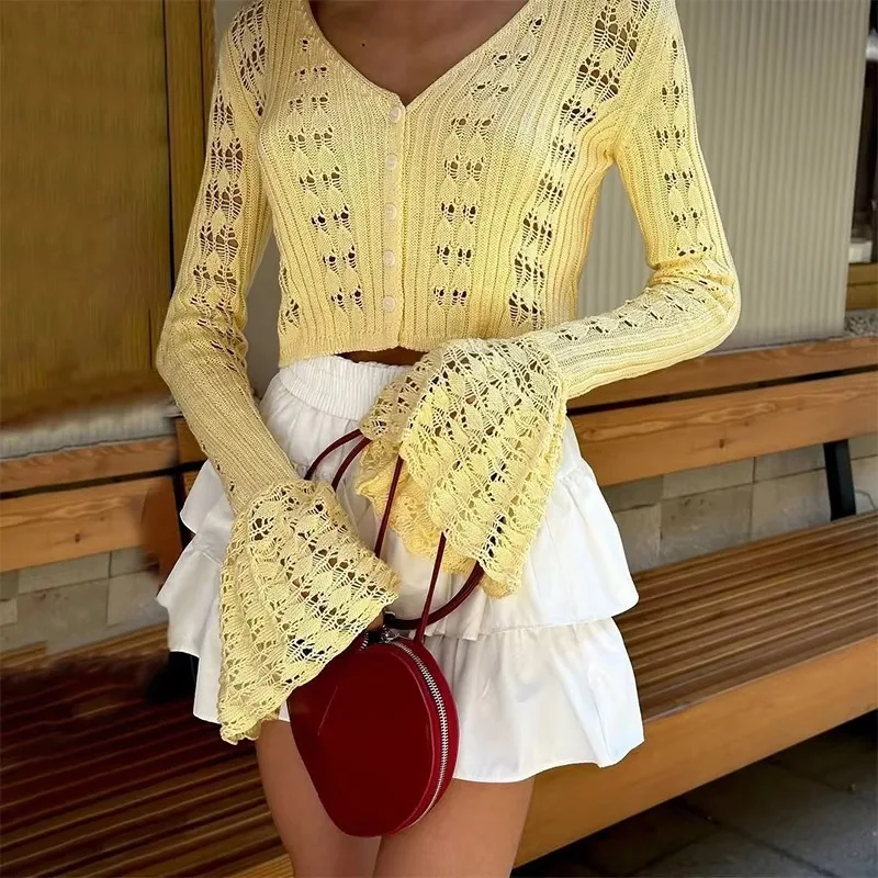 Summer Knit Long Sleeve Cardigan For Women V Neck Solid Bodycon Hollow Out Short Tops Party Club Slim Vacation Top Femme