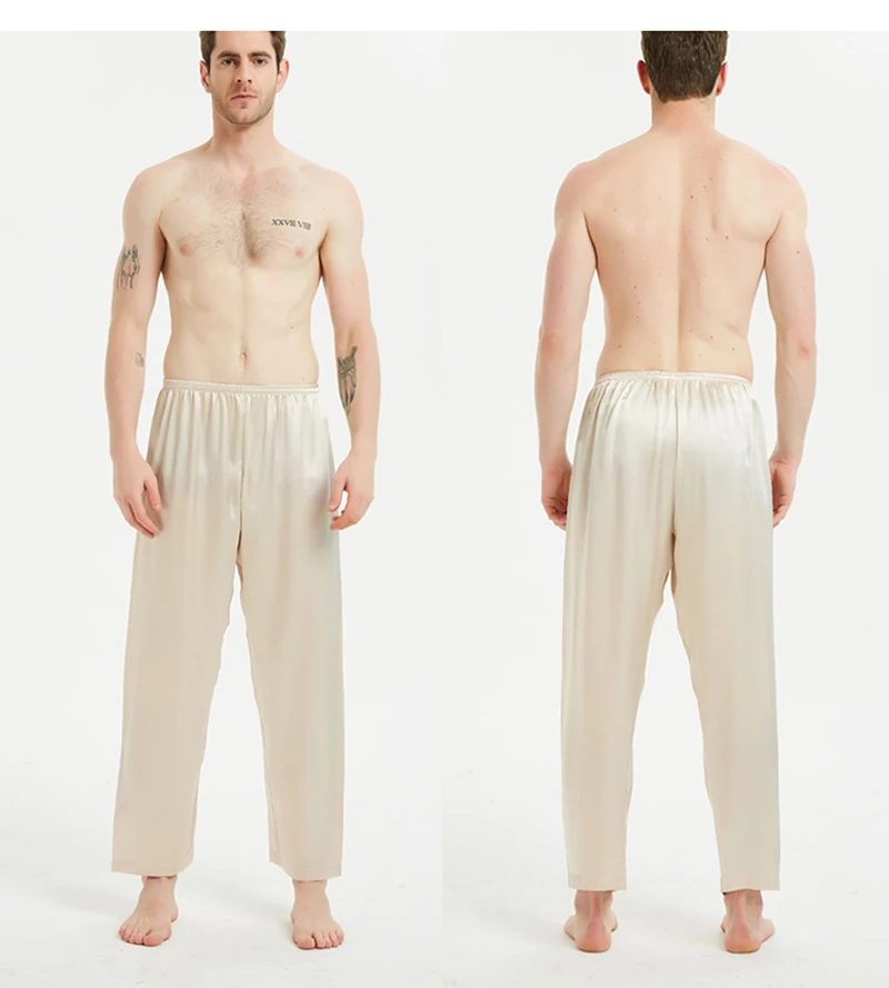 Pantaloni da uomo in seta di gelso naturale, color champagne, luminosi, lisci, comodi, freschi, casual, per la casa, pantaloni da pigiama estivi