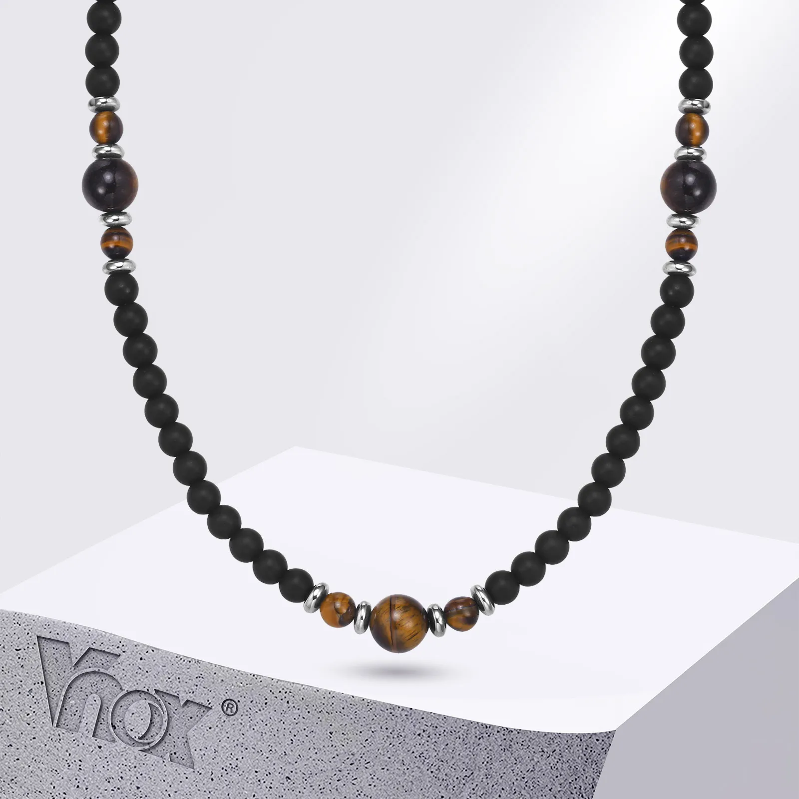 Vnox Classic Simple Black Beads Chain Necklaces for Men Women, Adjustable Beaded Collar, Matte Surface Stones Link Chain Choker