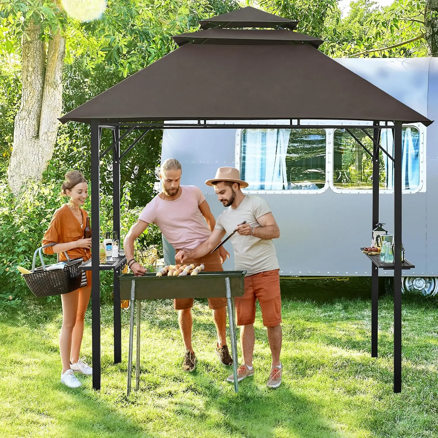 Brown 3-Tier Outdoor BBQ Gazebo with Height-Adjustable Shelves, Hooks and Built-in Bottle Opener