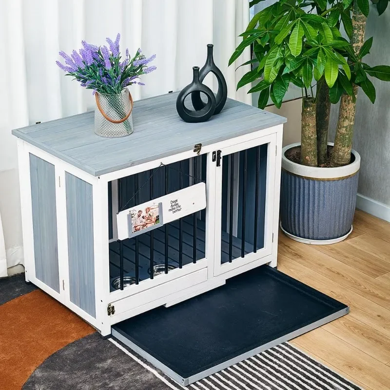 

Solid Wood Medium Dog Crate Furniture Style - Foldable Design, 360° Rotating Bowls, Large Pet Cage Indoor Dog House (L)