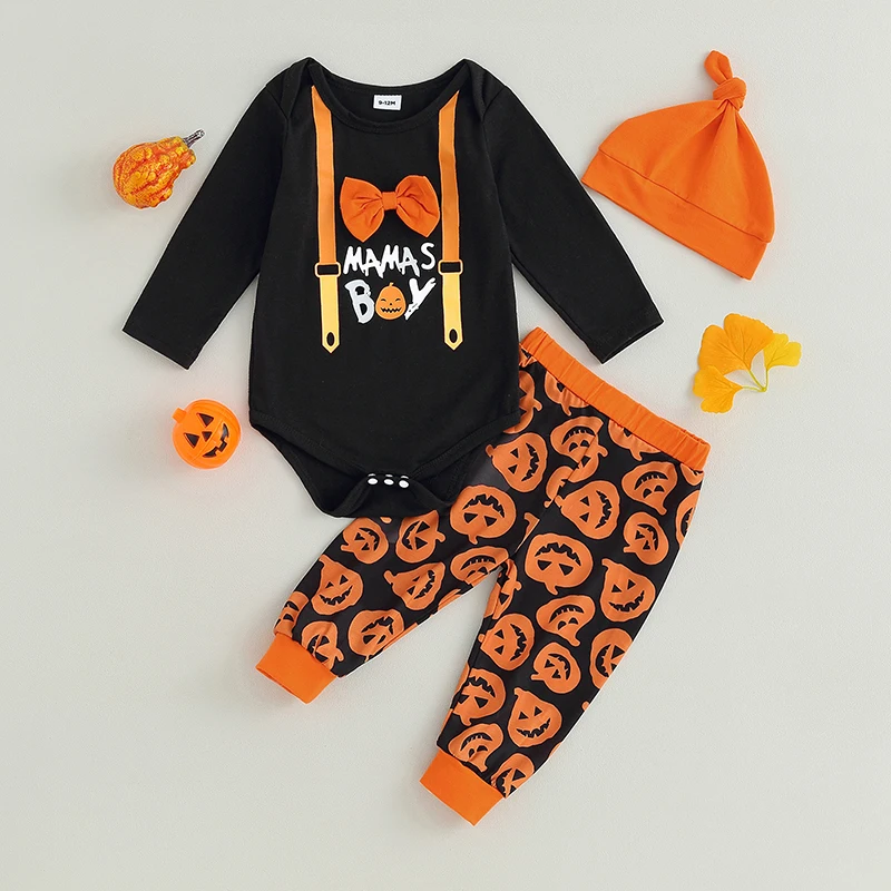 Toddler Boys Autumn Outfits Letter Print Crew Neck Long Sleeve Jumpsuits Ghost Print Long Pants Beanie 3Pcs Halloween Costume