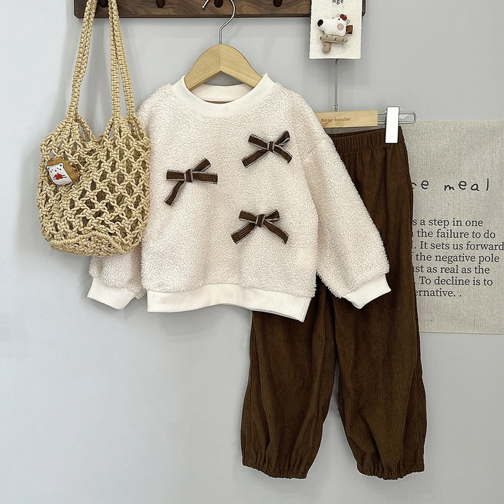 Girls' Two-piece Set Spring Autumn Korean Version Plain Children's Clothing Bow Decoration Long Sleeved Top+Solid Color Pants