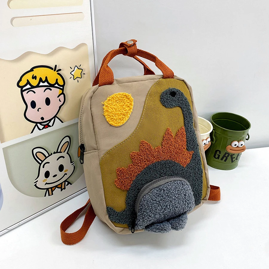 New Dinosaur Fashion Backpack Hook Hair Embroidered Cartoon Canvas Kindergarten Children Backpack Boys Girls Student Schoolbag