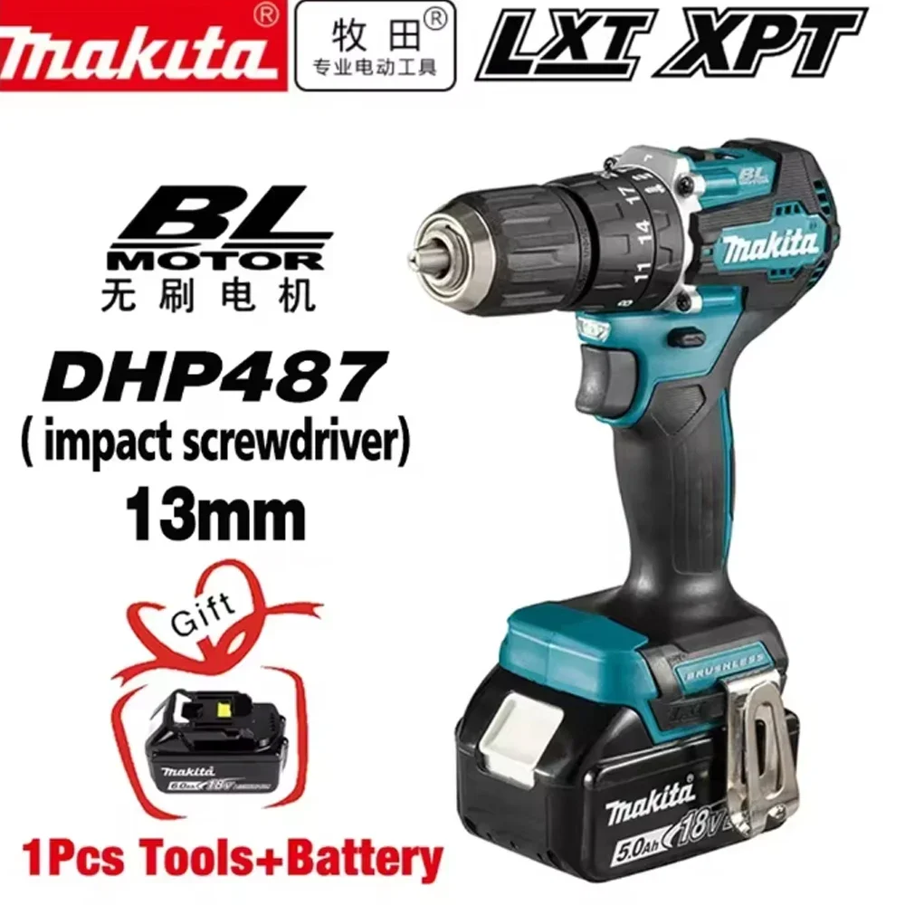 ? Makita DHP487 Schroevendraaier Draadloze Slagboormachine 18V Elektrische Variabele Snelheid Borstelloze Motor Impact Power Tools Boormachine