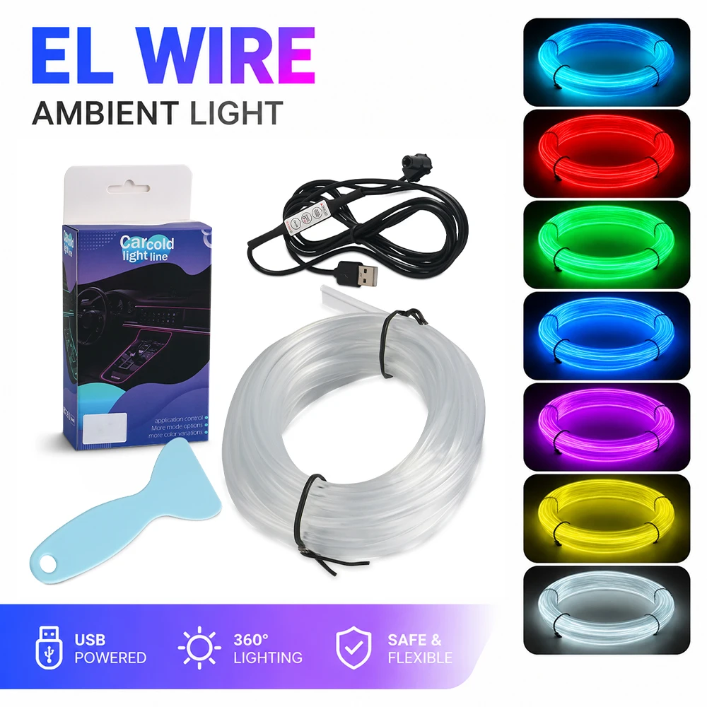 1/2/3/4/5M Auto-Innenraum-LED-Dekorationsleuchte EL-Kabel RGB-Neonstreifen für Auto-DIY Flexibles Umgebungslicht Atmosphäre Einfache Installation