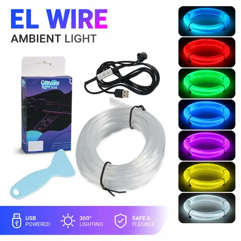 1/2/3/4/5M Car Interior Led Decorative Lamp EL Wiring RGB Neon Strip For Auto DIY Flexible Ambient Light Atmosphere Easy Instal