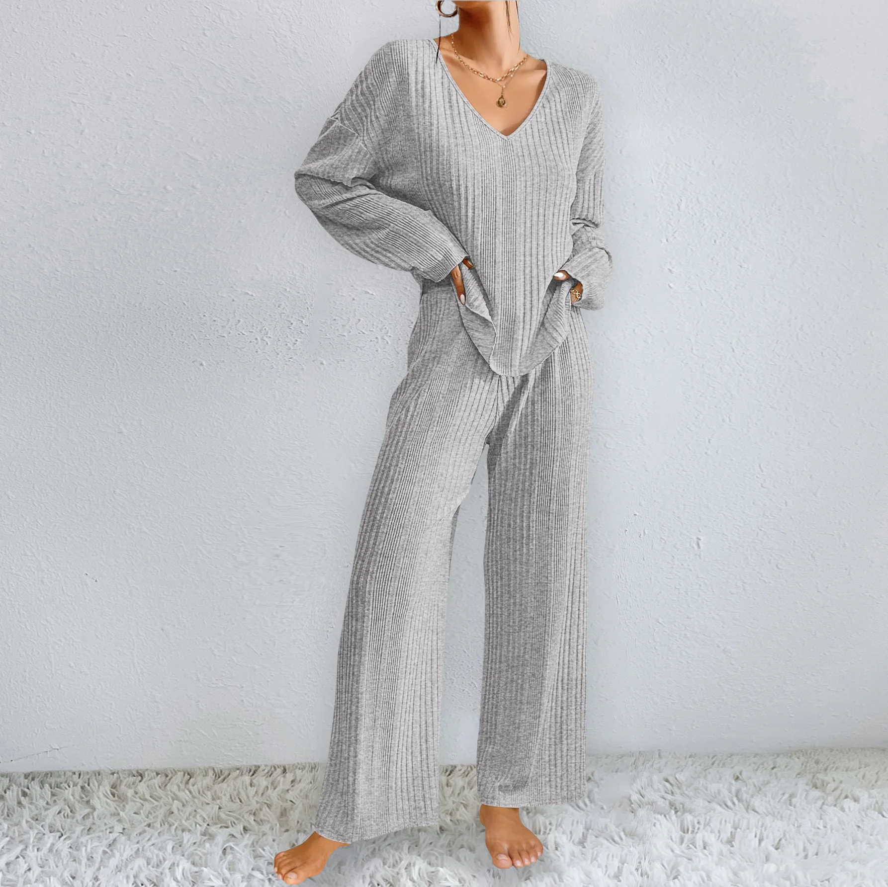 Autumn And Winter New Women's Home Clothes Pajama Set Fluffy Ribbed Long Sleeve Pants Warm For Women Nightwear Female V-neck