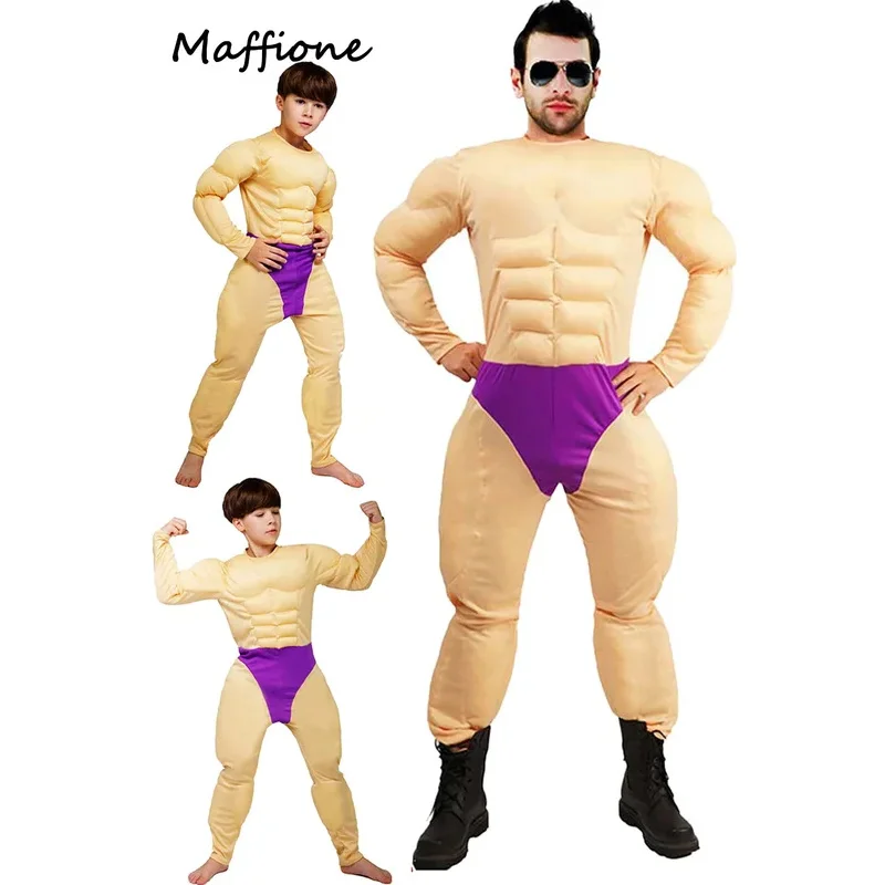 RT01 Muscular Men Cosplay Muscle Jumpsuit Adult Kids Costume Little Boys Man Roleplay Funny Bodysuit Halloween Carnival Part&Gf1