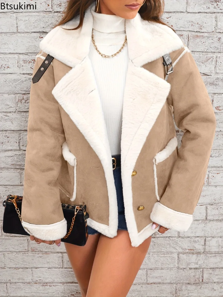 2025 Women's New Fashion Lapel Plush Jackets Winter Thickened Faux Fur Fleece Warm Jacket Coats Fashion Casual Loose Overcoat