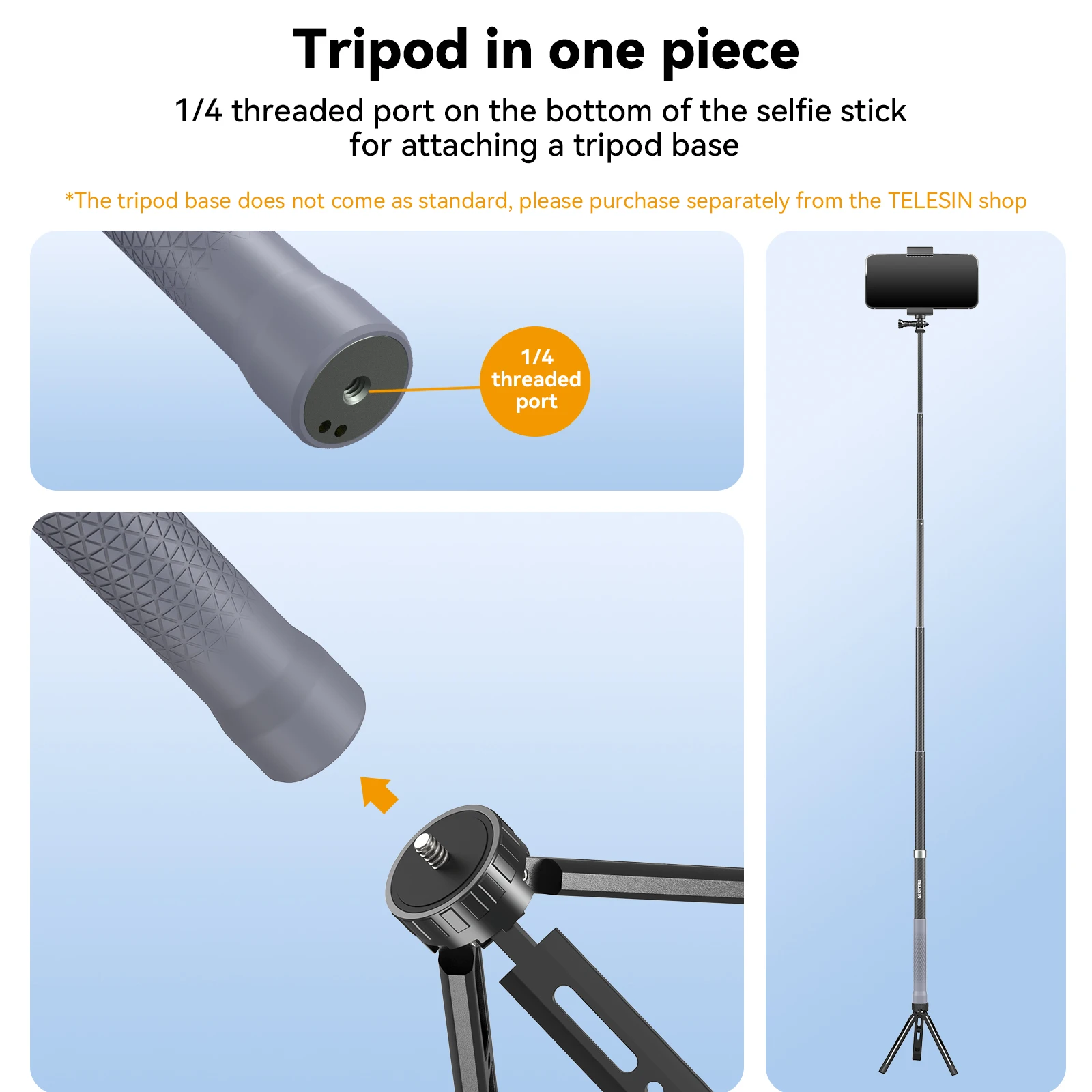 TELESIN 1.2m Carbon Fiber Selfie Stick Monopod Extendable + 1/4 Screw For GoPro 13 12 11 10 Insta360 X5 AcePro DJI Action 6 5pro