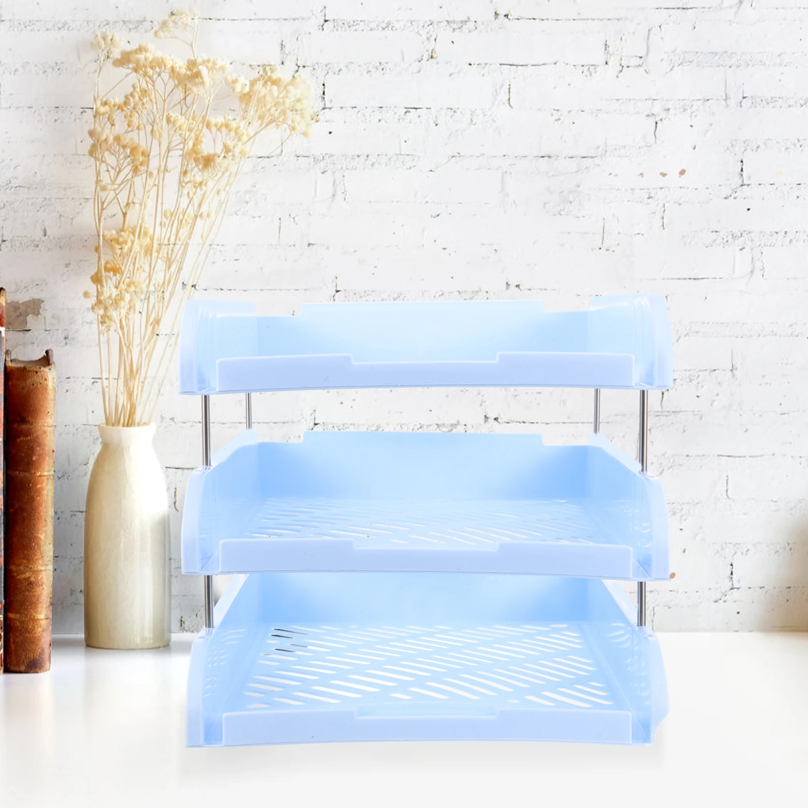 

Office Organiser for Desk Three-layer File Disk Paper Organizer Letter Rack Blue Plastic Tray
