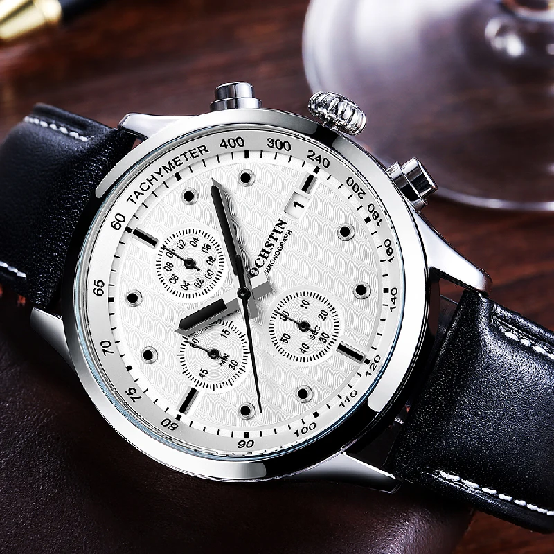 OCHSTIN Men Watches Top Brand Luxury Chronograph Quartz Analog Auto Date Stopwatch Male Dress Wristwatches Genuine Leather Strap