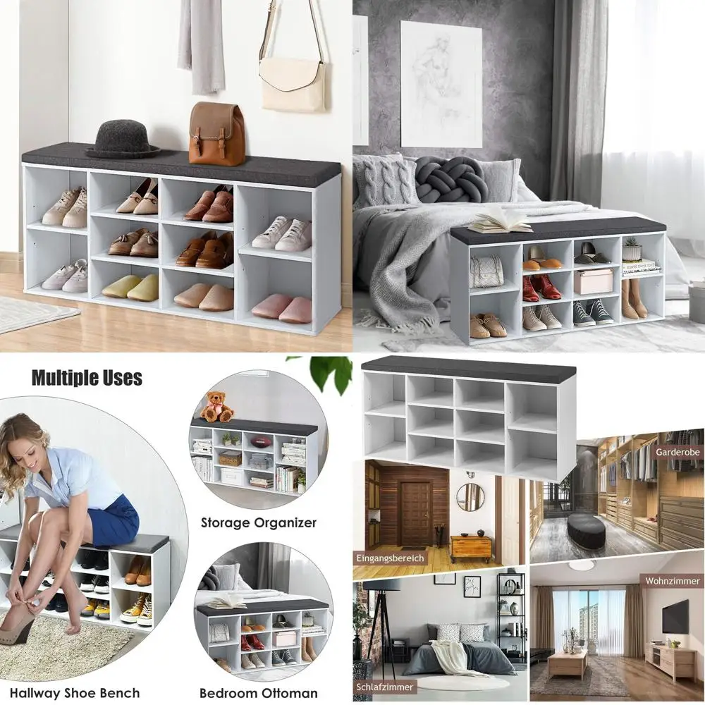 

10-Cube Padded Cushion Shoe Storage Bench with Adjustable Shelves, White