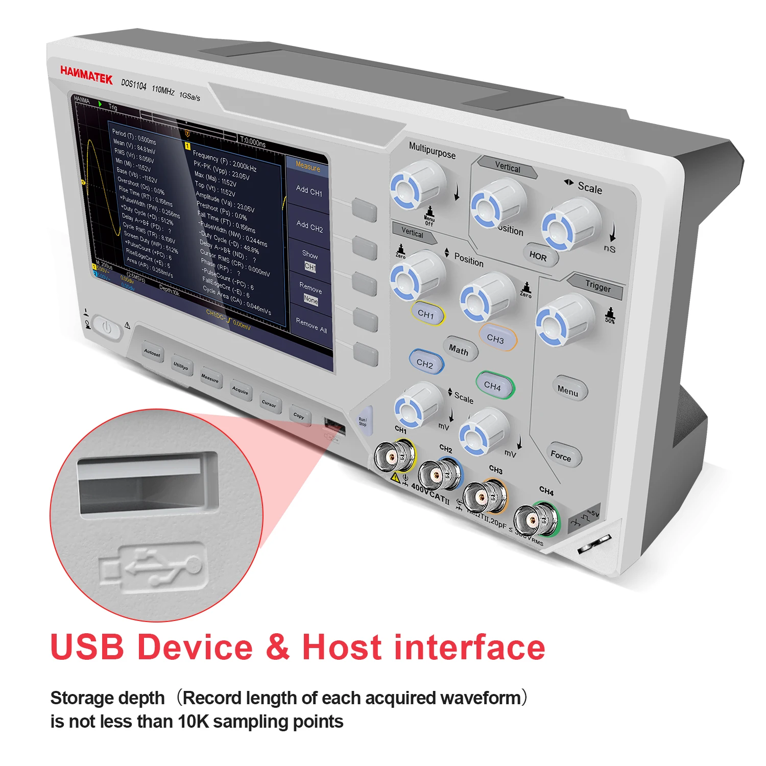 Hanmatek デジタルオシロスコープ 2/4 チャンネル 110MhZ 帯域幅 1GS/s