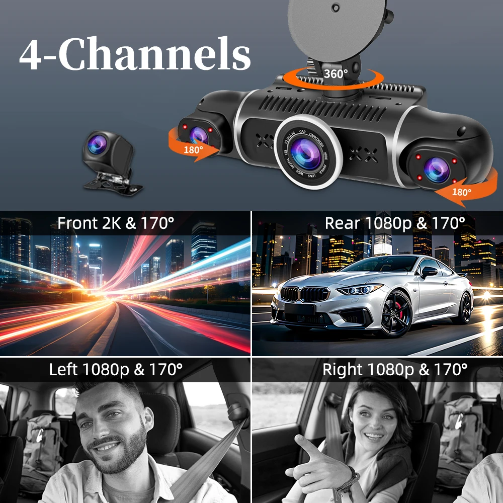 DashCam For Car DVR Video Recorder 4 Channels 360° WIFI Front Rotatable Camera 24Hour Parking Monitor 32G Dash Cam Night Vision