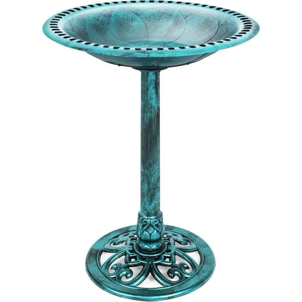 

Vintage Outdoor Garden Pedestal Bird Bath 28 Inch Resin Decor with Fleur de Lis