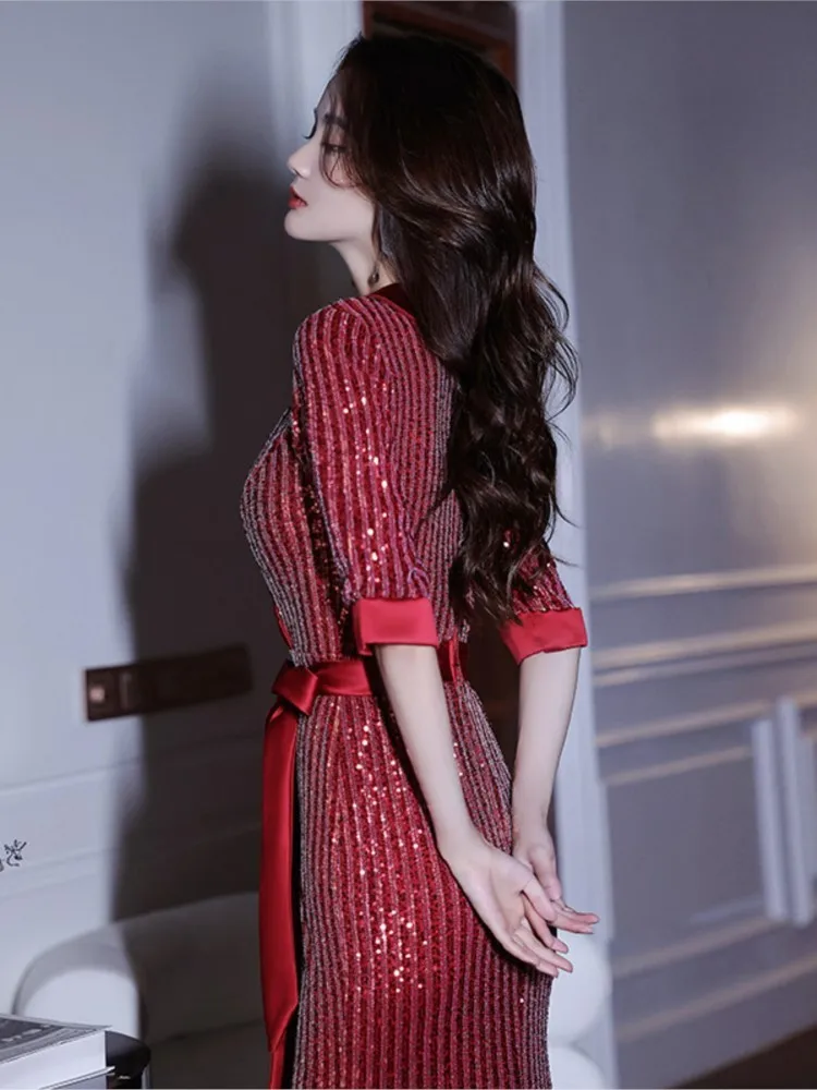 Red sequined fishtail light luxury niche haute couture banquet toasting dress view 5