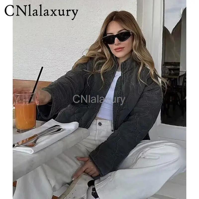 Cnlalaxury-jaqueta de algodão de manga comprida com zíper e bolso para mulheres, parka quente, roupa ao ar livre, moda de rua, 2023