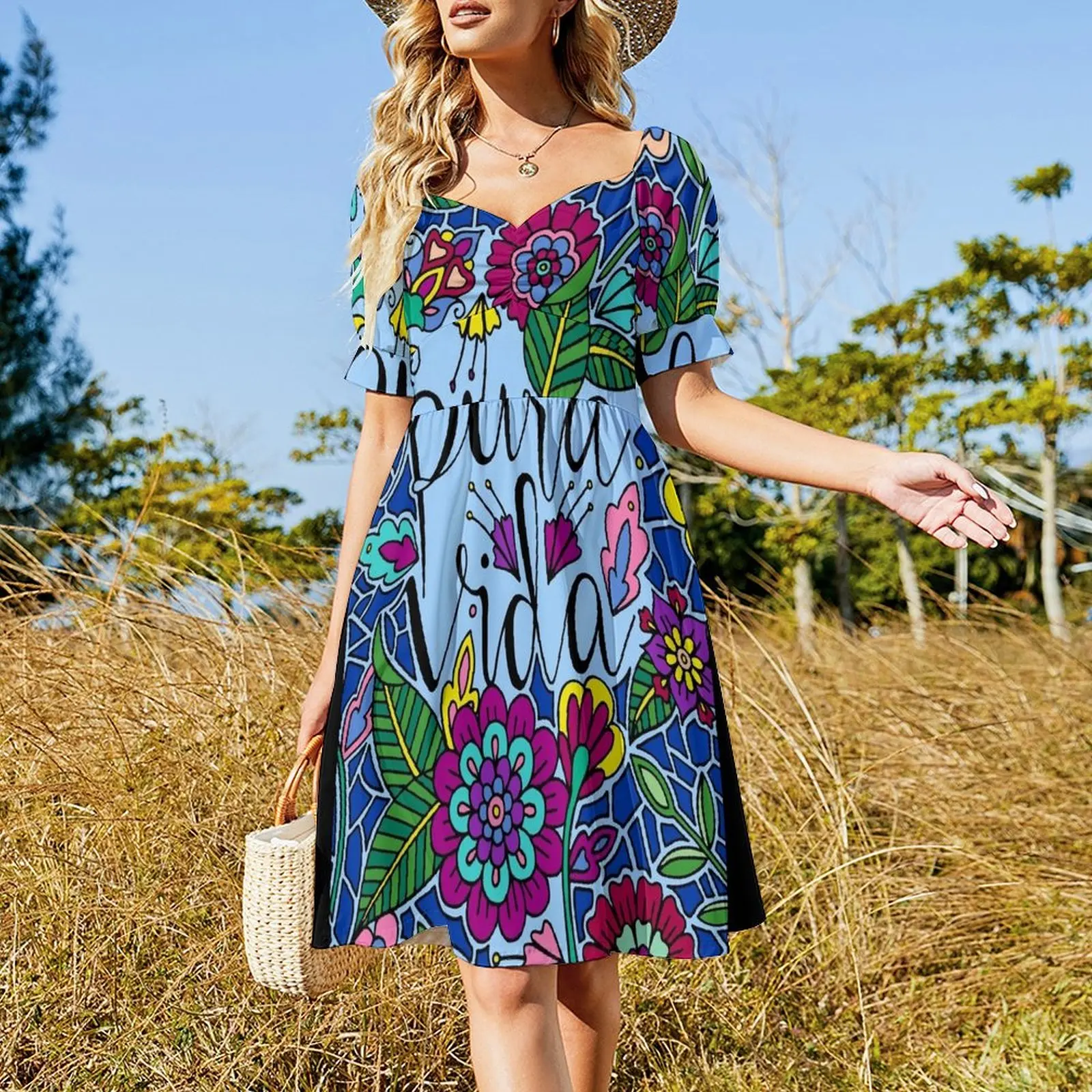 Pura Vida || Costa Rica || Lettering || Quote Short Sleeved Dress dress dresses Women's summer skirt Dress