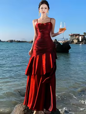 Frauen Frühling Sommer Französisch Spaghetti Strap Lange Kleider Elegante Weibliche Dünne Chic Party Prom Robe Mode Ein Stück Kleidung - AliExpress 200000345