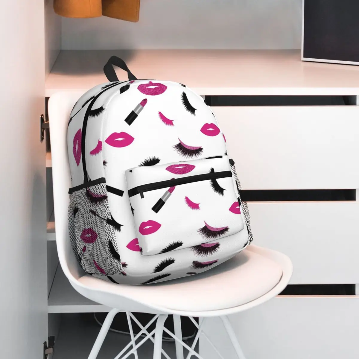 Lashes Eyelash Lash Mascara Lipstick And Lips With Glitter Backpack Student BookBag Children School Bag Shoulder Bags for Unisex