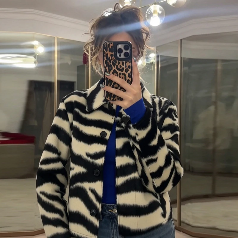 Women Women Zebra Print Faux Fur Cropped Jacket Lapel Collar Single‑breasted Plush Fuzzy Coat Loose Fit Fall Winter Short Outerwear - Aliexpress Deal