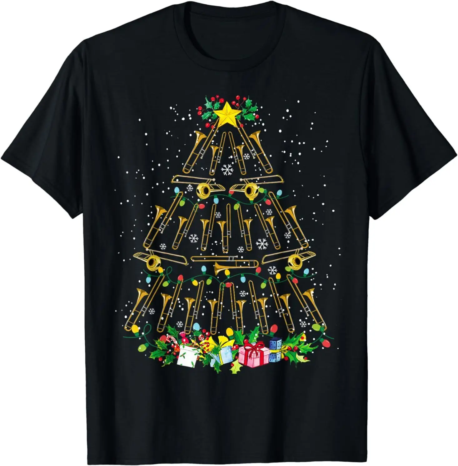 NEW Funny Christmas Trombone Player Xmas Tree Music Lover Santa T-Shirt S-3XL