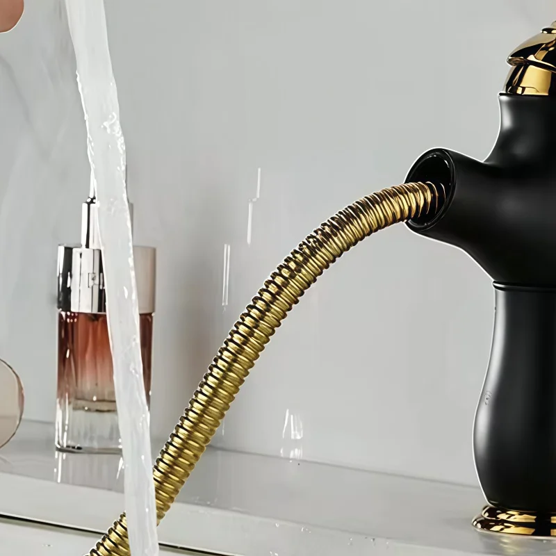 Retro brass pull-out faucet with single-hole cold and hot water spout