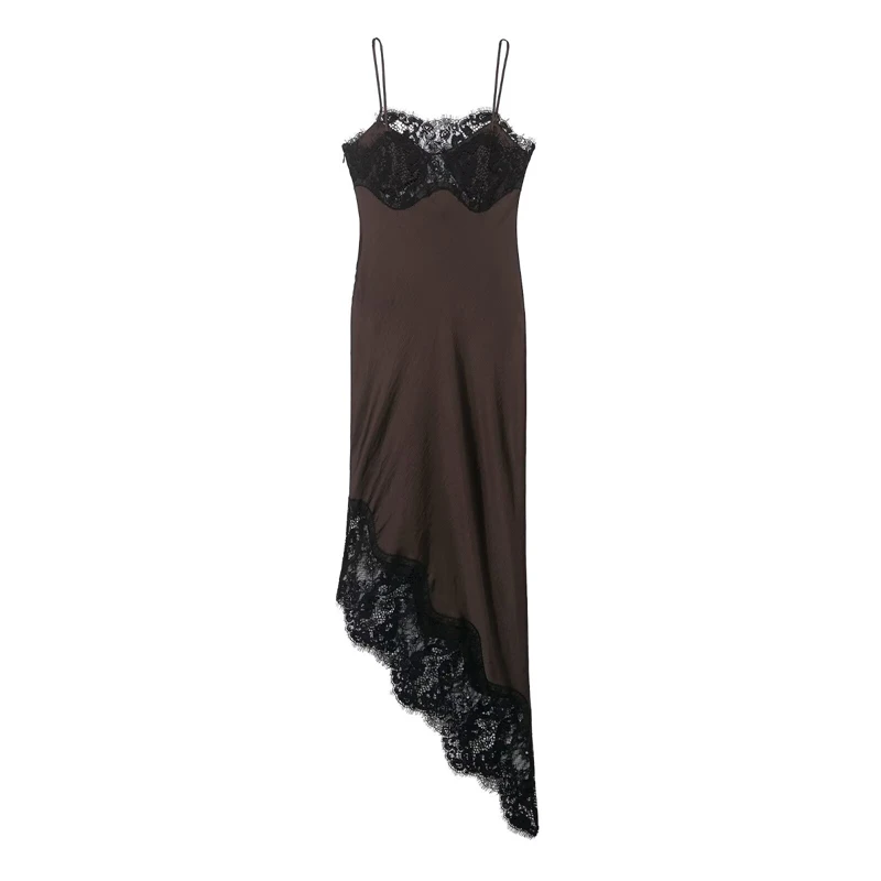 Asymmetric Hem Elegant Evening Party Dress Women's Brown Satin Slip Dress with Black Lace Trim Spaghetti Strap