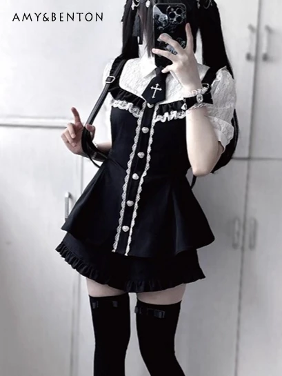 

Mass-Produced Original Japanese Lolita Set Cross Embroidery Bow Tie Turn-Down Collar Short Sleeve Mini Dress Shorts Mine Series