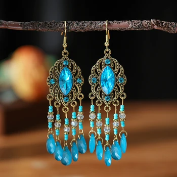 สไตล์โบฮีเมียนใหม่ต่างหูแบบพู่ห้อยน้ำสีสันสดใสสำหรับผู้หญิงยาวกลวงสีทองโบราณต่างหูห้อย